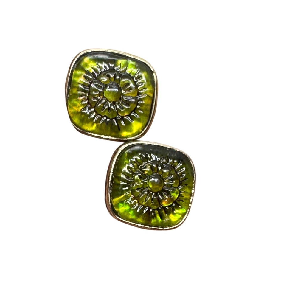 Monet Vintage Gold Tone Olive Green Floral Square Clip On Earrings